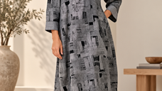 Rochie midi casual alb-negru cu imprimeu abstract si croi confortabil