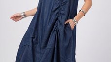 Rochie midi din denim inchis cu detalii fronsate