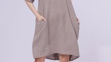 Rochie midi din in cu floare din paiete pe piept, bej inchis