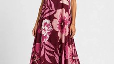 Rochie midi roz bordo din vascoza cu imprimeu floral si croi asimetric