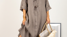 Rochie oversize din in cu nasturi pe piept, nuanta bej inchis