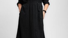 Rochie Plus Size din Catifea Raiata, Neagra, cu Maneci Lungi