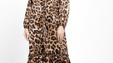 Rochie Satinata Eleganta cu Imprimeu Animal Print si Nasturi Perlati