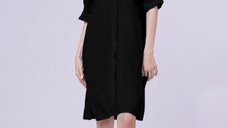 Rochie tunica neagra din in 100%, cu nasture metalic decorativ