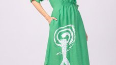 Rochie Verde din Vascoza cu Elastic Sub Bust si Imprimeu