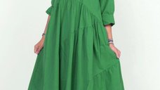 Rochie verde oversize din poplin satinat cu maneci scurte si volane asimetrice