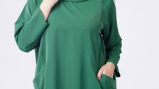 Rochie Verde Scurta cu Guler Intors si Buzunare