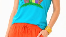 Tricou din bumbac turcoaz  pictat manual, cu pisicuta si blocuri colorate,unicat