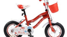 Bicicleta Copii Rich Baby R1208A, Roti 12inch, C-Brake, cosulet, roti ajutatoare cu LED (Rosu)