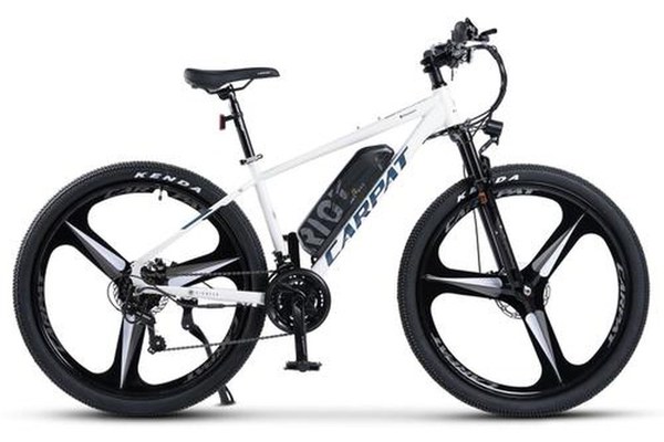 Bicicleta Electrica MTB Carpat Pioneer C27517E 27.5inch, Shimano Tourney TZ, Roti magneziu 3 spite 27.5 Inch, Motor 250W, Autonomie Max 60 Km, 21 viteze, Frane Mecanice pe Disc, Alb/Albastru