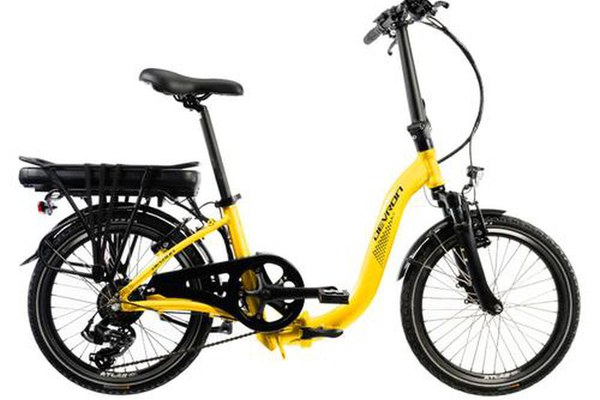 Bicicleta Electrica Pliabila Devron 20122, roti 20inch, cadru 420mm S, 7 viteze, Viteza maxima 25 km/h, motor 250W, acumulator 14 Ah (Galben)