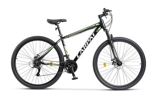Bicicleta MTB-HT Carpat SPARTAN C2958B, Schimbator Index HE-M50, 7 viteze, Roti 29 Inch, Cadru Aluminiu, Frane pe Disc (Negru/Verde)