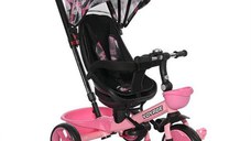 Tricicleta pentru copii Lorelli Voyage, Otel, cu sezut reversibil, centura siguranta, maner control parental, roti spuma EVA, 1-5 Ani, Roz