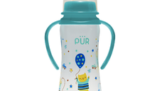 Biberon cu desen si manere, verde, +6 luni, 250ml, PUR