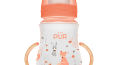 Biberon cu gura larga, desen si manere, piersica, +6luni, 250ml, PUR