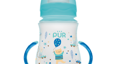 Biberon cu gura larga, desen si manere, verde, +6luni, 250ml, PUR