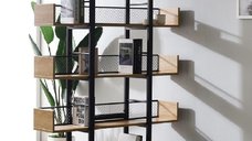 Biblioteca Musha Pako World, Metal Negru si Lemn Stejar, 120x22x185 cm