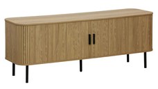 Comoda TV - Consola de dimensiuni medii Scandi MDF culoare lemn naturala cu picioare din metal negru 150x45x57.5cm