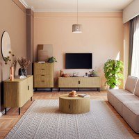 Comoda TV - Consola de dimensiuni medii Scandi MDF culoare lemn naturala cu picioare din metal negru 150x45x57.5cm - 2