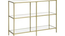 Consola VASAGLE LGT27G aurie, din metal si sticla securizata, cu 3 rafturi, 100 x 30 x 73 cm