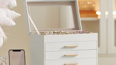 Cutie de bijuterii Songmics alba, 6 straturi, 5 sertare, 25.1 x 16.3 x 29 cm