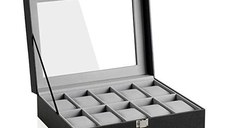 Cutie pentru ceasuri, Songmics, capacitate 20.2 x 25.5 x 7.8 cm, JWB010BK, Gri