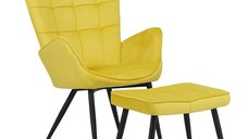Fotoliu cu taburet Dorita catifea galbena picioare metalice negre 68.5x76x103 cm
