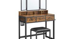 Masa de toaleta cu oglinda si taburet, Vasagle, RVT004B01, Maro Rustic, 40 x 90 x 141 cm