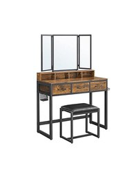Masa de toaleta cu oglinda si taburet, Vasagle, RVT004B01, Maro Rustic, 40 x 90 x 141 cm - 1
