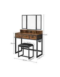 Masa de toaleta cu oglinda si taburet, Vasagle, RVT004B01, Maro Rustic, 40 x 90 x 141 cm - 6