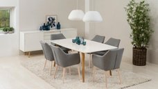 Scaun dining Nora gri, cu brate, din stejar, 84 x 58 x 58 cm