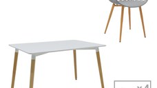 Set de 5 buc masa si scaune Ezra-Natali plastic PP-MDF culoare gri-alb cu picioare naturale 80x80x76 cm