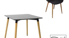 Set de 5 buc masa si scaune Ezra-Natali plastic PP-MDF culoare negru-natural 80x80x76 cm