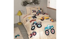 Set Lenjerie si Cuvertura Copii, cu Elastic, Cars Bej (Bumbac 100%)