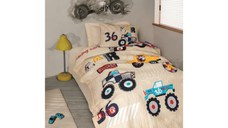 Set Lenjerie si Cuvertura Copii, cu Elastic, Cars Bej (Bumbac 100%)