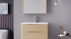 Set mobilier baie cu lavoar, baterie si dulapior dublu cu oglinda, Tzouena Mentis, Stejar, 84x51.5x57 cm