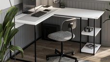 Birou de colt L 140x147,8 cm cu rafturi integrate si cadru metalic pentru birou si home office