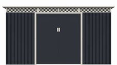 Căsuță de grădină metalică premium MESTERINO Bella-C, Gri/Bej, 343x142x184 cm, cu uși culisante și bază metalică