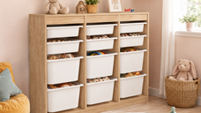 Dulap multifunctional cu 12 cosuri pentru organizare eficienta in bucatarie, baie sau camera copilului, dimensiuni 132,1 x 29,7 x 95,4 cm