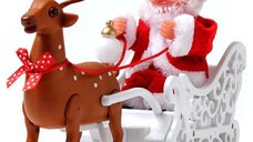 Figurina Mos Craciun cu sanie si reni, lumini si sunete, 28 cm, multicolor