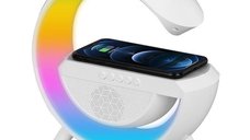 Lampă LED RGB 15W cu Încărcare Wireless și Boxă Bluetooth, Albă