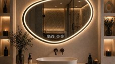Oglinda LED 90x70 cm cu iluminare ambientala, control touch si ceas digital