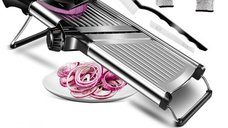Razatoare Multifunctionala Metalica Mandolina pentru Legume si Fructe, 5 Taieturi de la 3mm la 9mm, Lame Detasabile din Inox