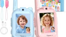 Set 2 Walkie Talkie VisionHub cu Video HD 480P si Ecran de 2.0 Inch, Raza de 300m, Roz si Albastru