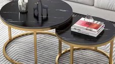 Set de 2 masute de cafea cu efect marmorat, MDF si cadru metalic auriu