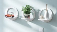 Set de 3 rafturi decorative albe, in forme hexagonala, patrata si rotunda