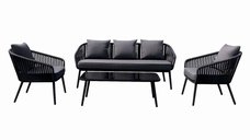 Set mobilier exterior KLUGMEISTER KJF10537, canapea, 2 fotolii si masa din sticla, gri, cu perne incluse