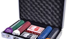 Set Poker Deluxe profesional cu 200 jetoane, 2 pachete de carti si valiza din aluminiu