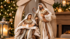 Statueta Premium Nașterea Domnului din Rășină, 26 x 14 x 36 cm, Design Crem-Bej cu Sfânta Familie