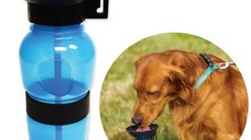 Sticla de apa portabila Aqua Dog pentru caini cu bol integrat, albastra